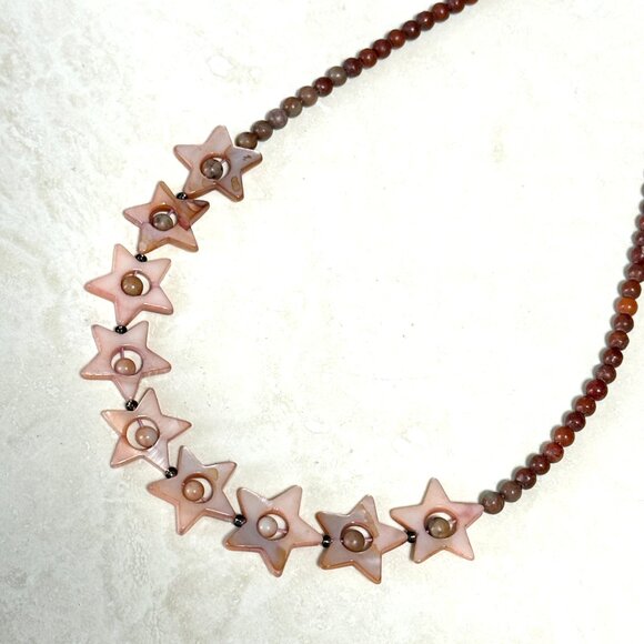 Starry Night Short Necklace, Beaded Pink Mother of Pearl Stars & Earthy Jasper - Picture 8 of 13